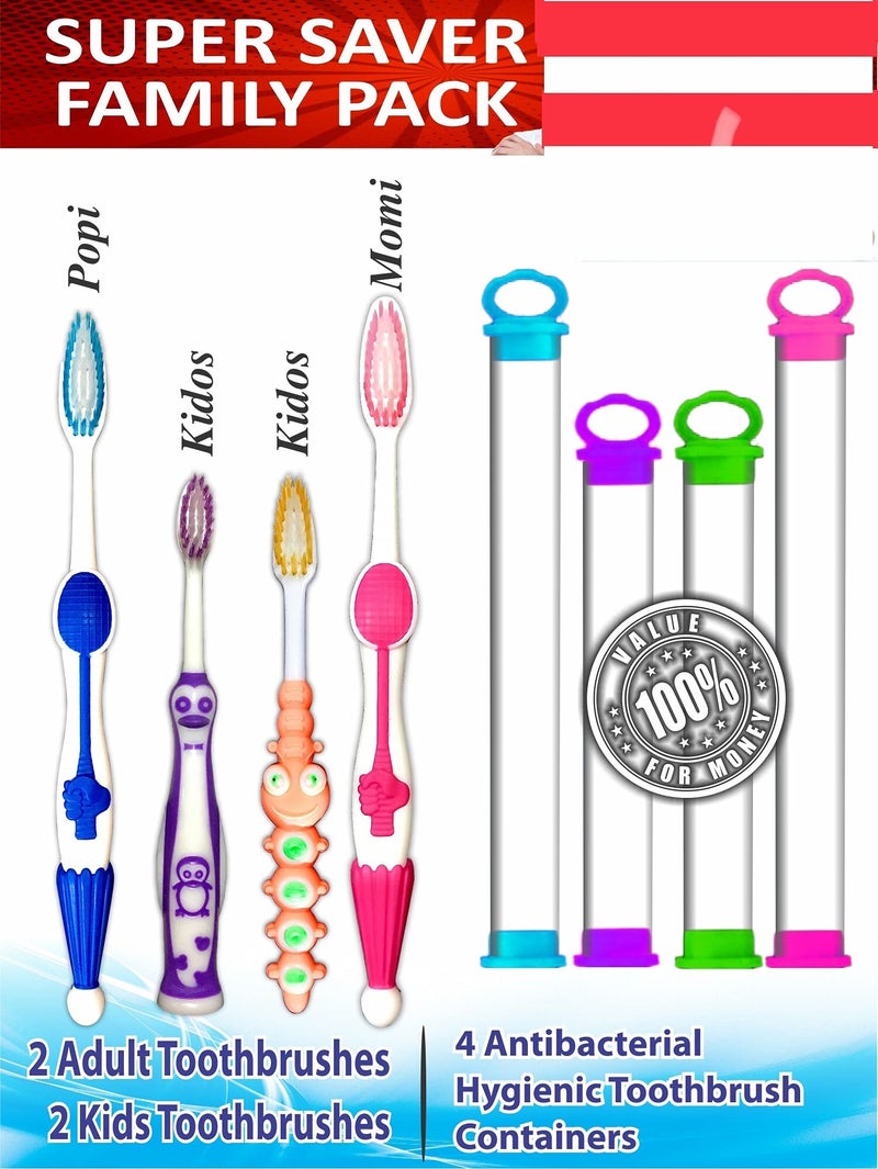 BigBro Combo Pack Of Manual Toothbrushes 2 Adult + 2 Kids Extra Soft Bristles With Covers- Super Saver Family Pack Of 4,Assorted - Image 2