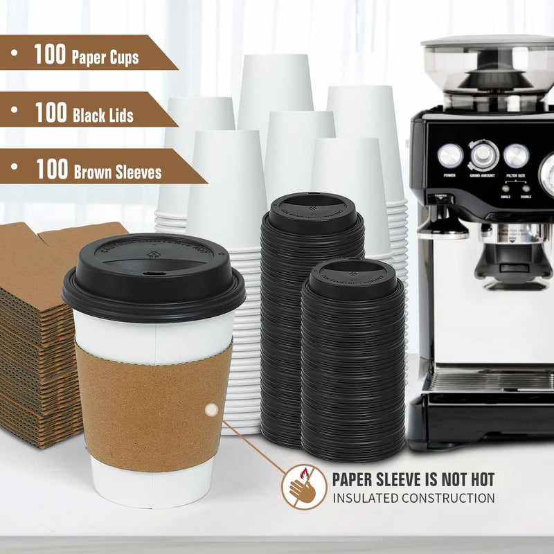 Ginkgo 100 Pack 12 oz Disposable Thickened Paper Coffee Cups with Lids and Sleeves  To Go Hot Coffee Cups  Hot Chocolate  Cocoa and Coffee Bar Supplies - Image 5