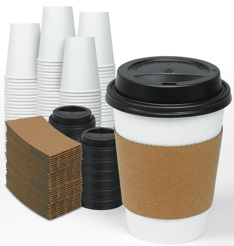 Ginkgo 100 Pack 12 oz Disposable Thickened Paper Coffee Cups with Lids and Sleeves  To Go Hot Coffee Cups  Hot Chocolate  Cocoa and Coffee Bar Supplies - Image 1