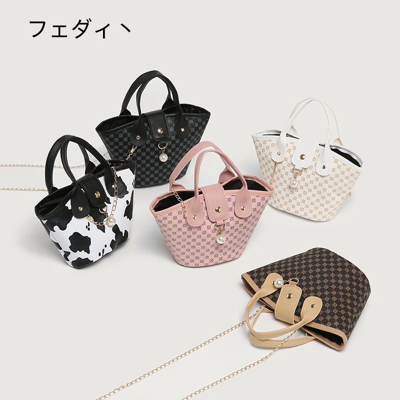 Casual Animal Old Flower Printed Portable Bucket Bag Fashion Pearl Pendant Magnetic Buckle Chain Crossbody Bag - Image 2
