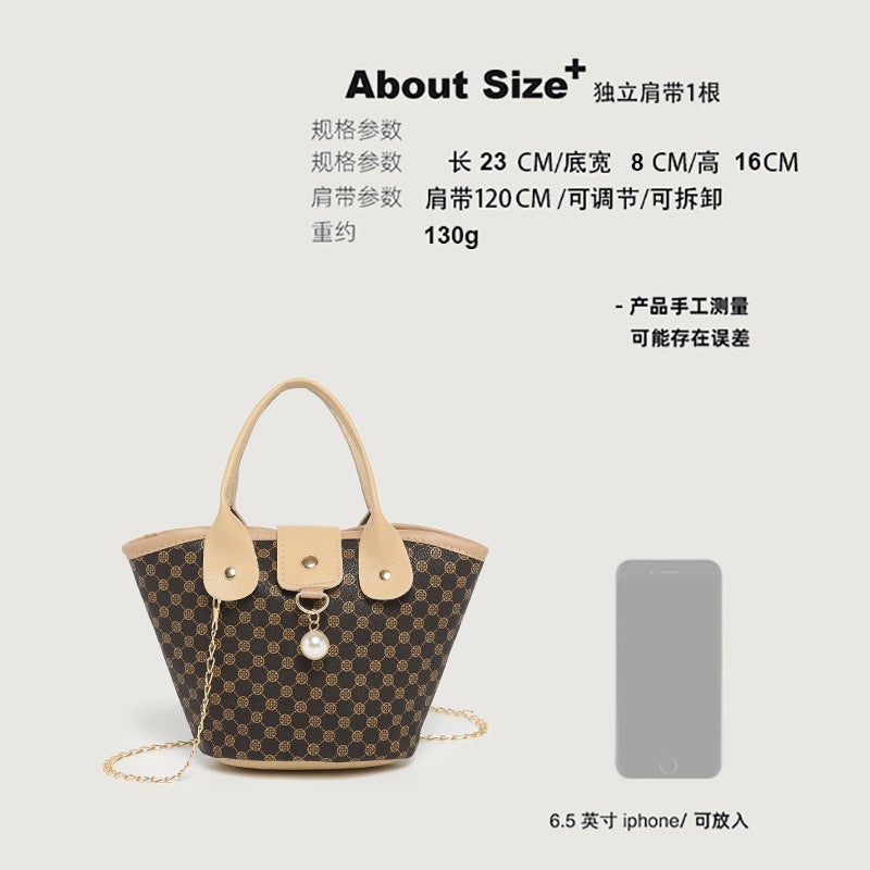 Casual Animal Old Flower Printed Portable Bucket Bag Fashion Pearl Pendant Magnetic Buckle Chain Crossbody Bag - Image 3