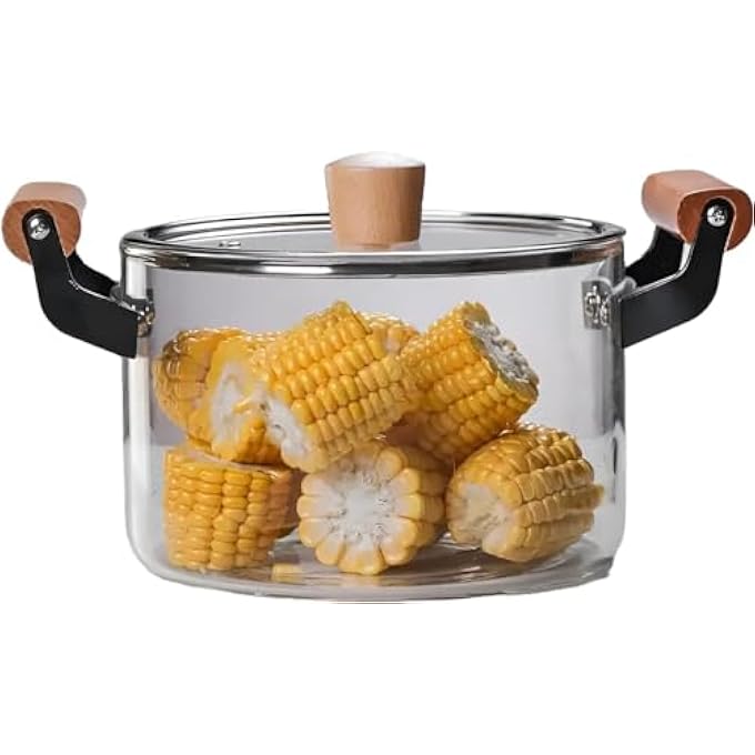 ريحني قدر طهي للمطبخ سعة 55 لترًا مع غطاء ومقبض خشبي مزدوج، قدر زجاجي مقاوم للحرارة، سطح طهي شفاف آمن للمعكرونة والنودلز والحساء والحليب وأطعمة الأطفال أو تسخينها - Image 1