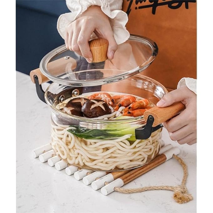 ريحني قدر طهي للمطبخ سعة 55 لترًا مع غطاء ومقبض خشبي مزدوج، قدر زجاجي مقاوم للحرارة، سطح طهي شفاف آمن للمعكرونة والنودلز والحساء والحليب وأطعمة الأطفال أو تسخينها - Image 3