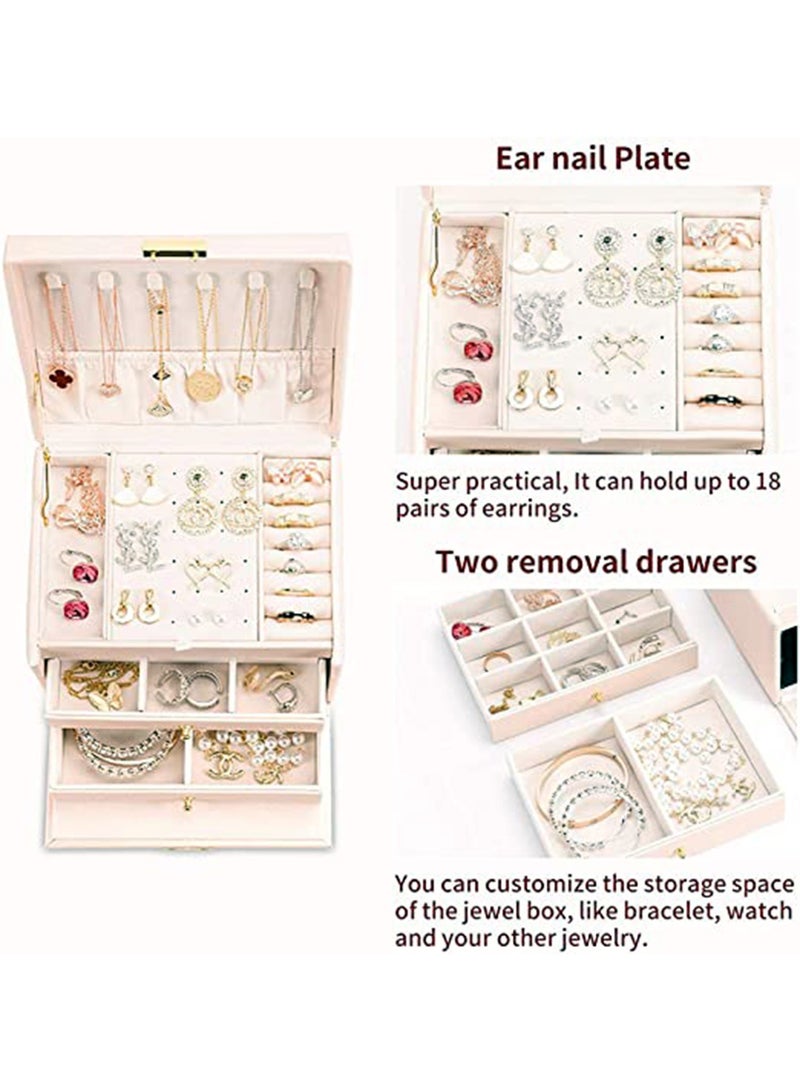 مونوج منظم صندوق المجوهرات مصنوع من جلد البولي يوريثان مع درجين، وحافظة تخزين مجوهرات من 3 طبقات لمجوهرات النساء - Image 4