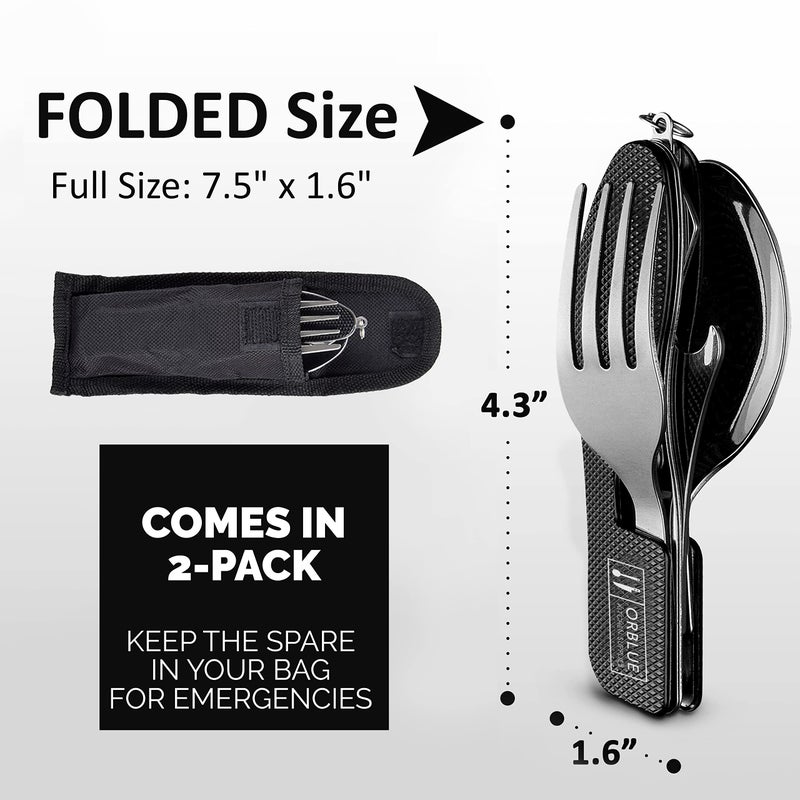 Orblue 4-in-1 Camping Utensils, 2-Pack - Portable Stainless Steel Spoon, Fork, Knife & Bottle Opener Combo Set - Travel, Backpacking Cutlery Multitool, Green - Image 2