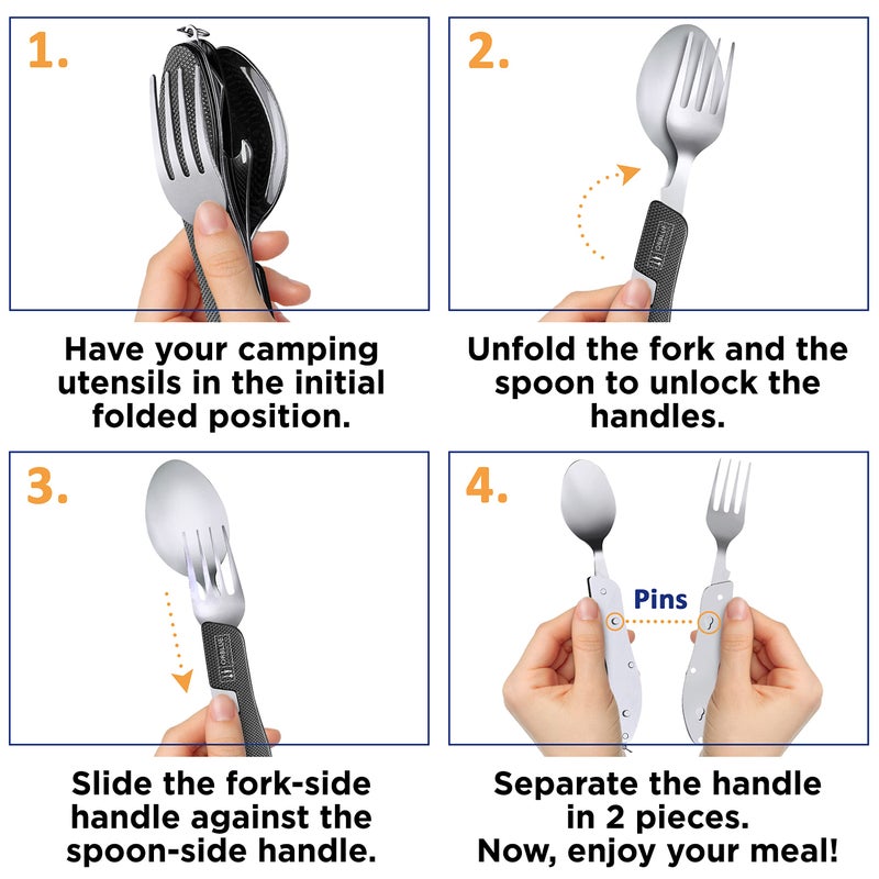 Orblue 4-in-1 Camping Utensils, 2-Pack - Portable Stainless Steel Spoon, Fork, Knife & Bottle Opener Combo Set - Travel, Backpacking Cutlery Multitool, Green - Image 3