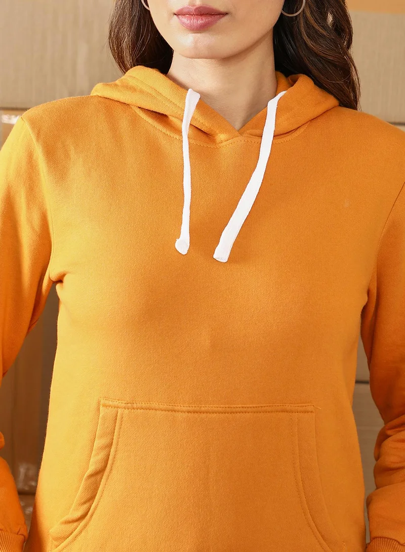 Campus Sutra Women's Mustard Yellow Solid Pullover Hoodie