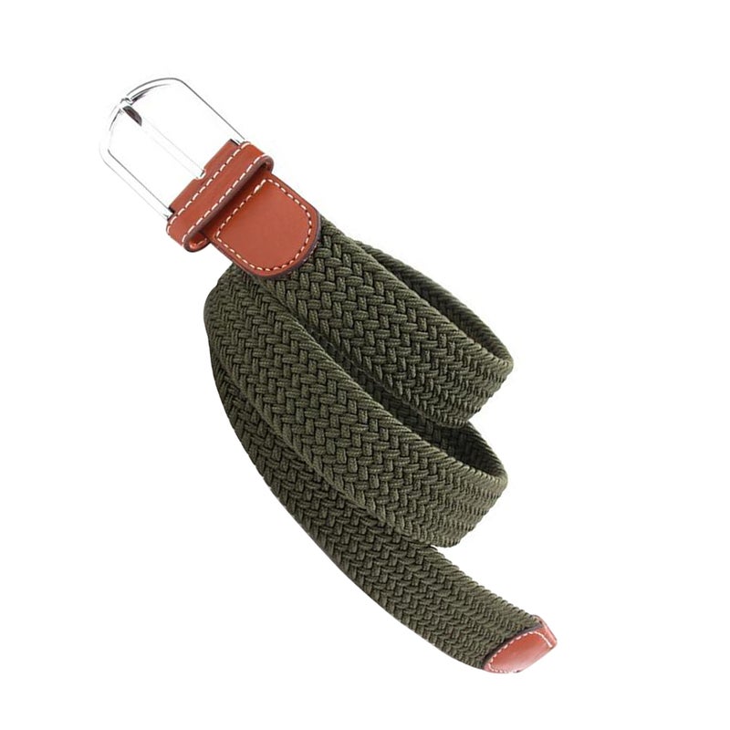 2pcs Universal Stretch Belt Casual Fabric Woven Weave Elastic Belt for Men and Women with PU Leather and End Tip ( Green) - Image 2