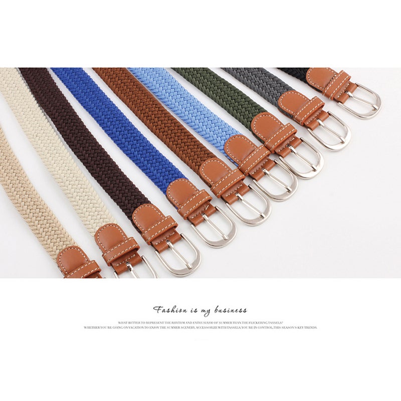 2pcs Universal Stretch Belt Casual Fabric Woven Weave Elastic Belt for Men and Women with PU Leather and End Tip ( Green) - Image 5