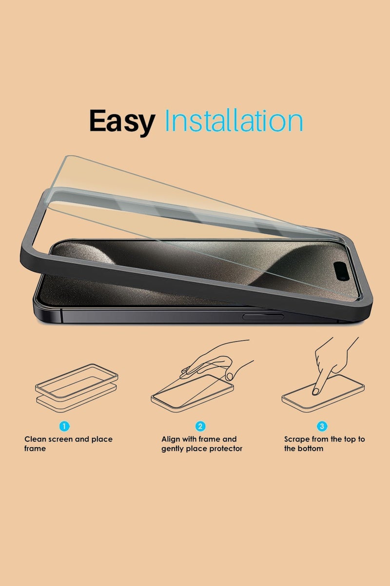 Techie واقي شاشة آبل آيفون 15 برو ماكس، زجاج غوريلا فائق الشفافية مع إطار محاذاة تلقائي سهل التركيب، زجاج مقسى 9H، خالي من الفقاعات، مناسب للحالات - عبوة 2 - Image 2