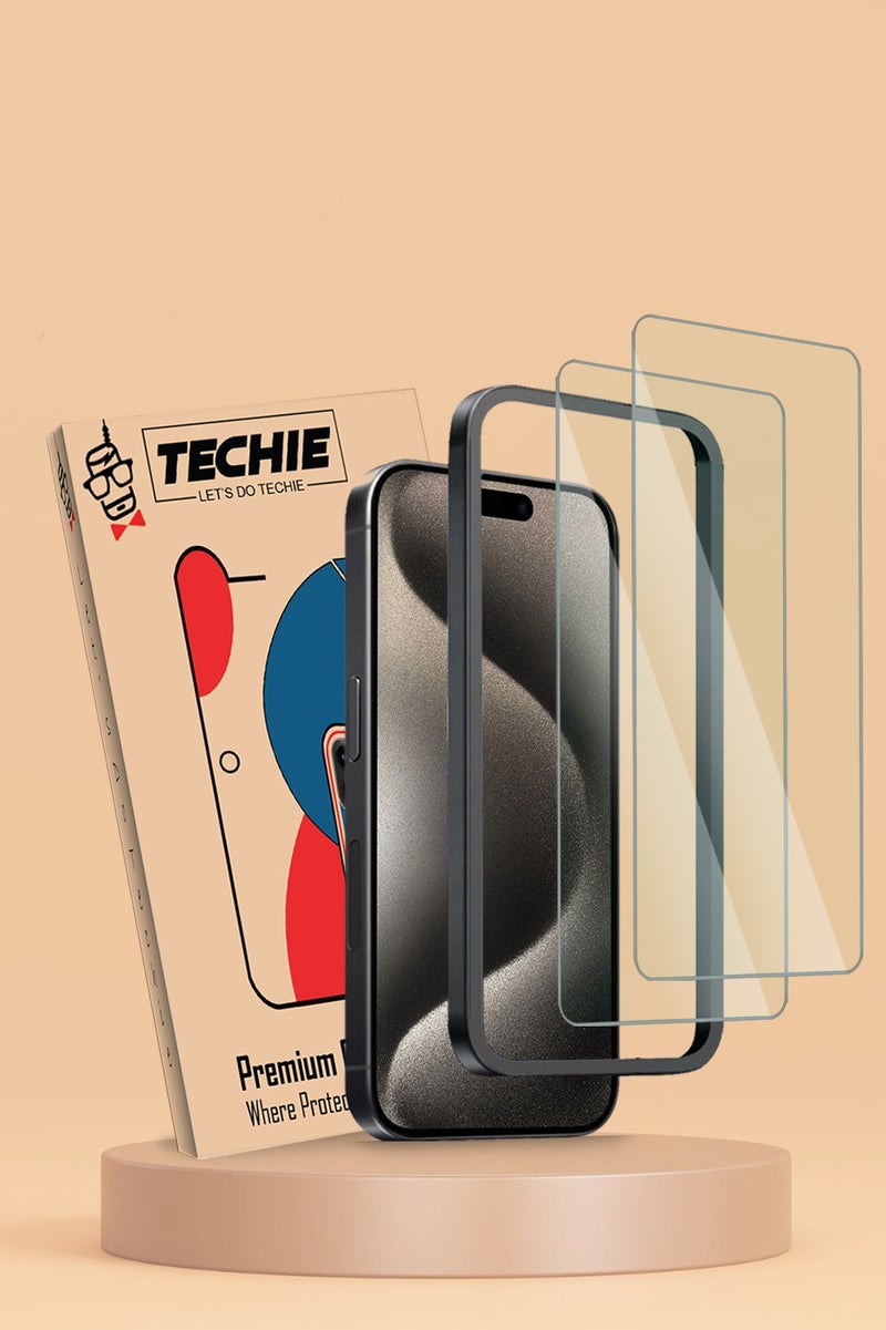 Techie واقي شاشة آبل آيفون 15 برو ماكس، زجاج غوريلا فائق الشفافية مع إطار محاذاة تلقائي سهل التركيب، زجاج مقسى 9H، خالي من الفقاعات، مناسب للحالات - عبوة 2 - Image 1