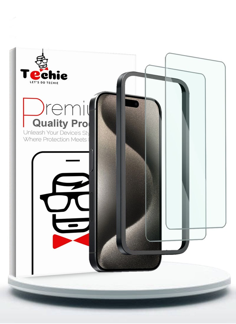 Techie - Apple iPhone 15 Pro Max Screen Protector, Super Clear Gorilla Glass with Easy Installation Auto Alignment Frame, 9H Tempered Glass, Bubble-Free, Case-Friendly - 2 Pack - Image 1