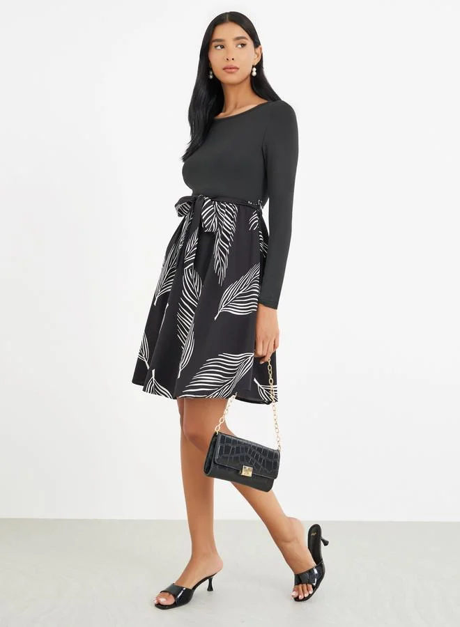 Take Two Take Two Printed Round Neck Belted Knee Length Dress