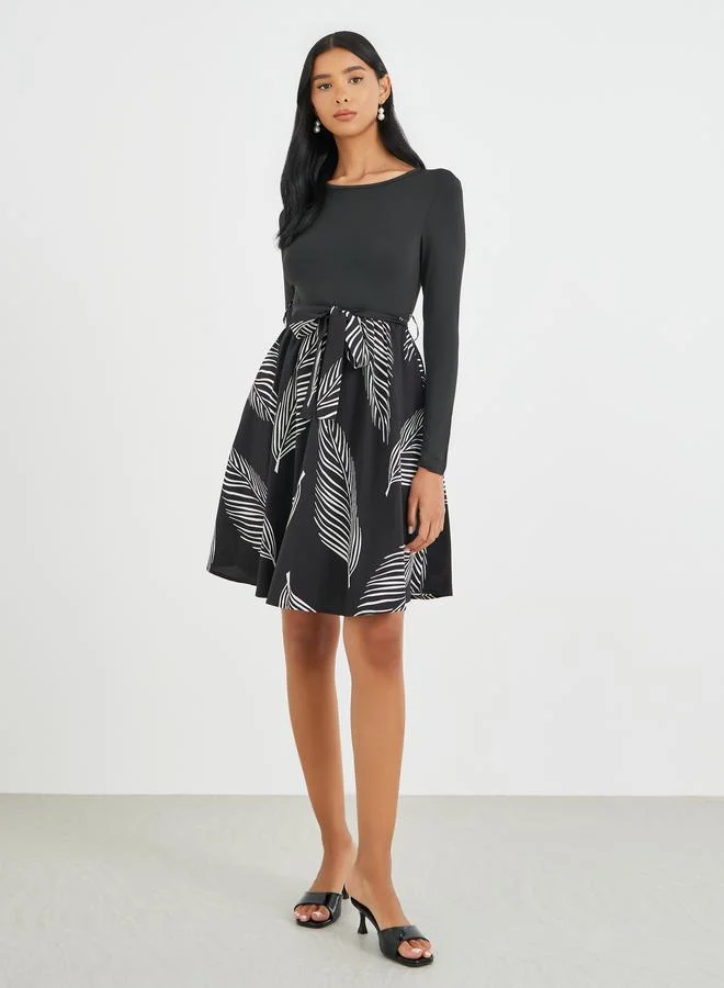 Take Two Take Two Printed Round Neck Belted Knee Length Dress