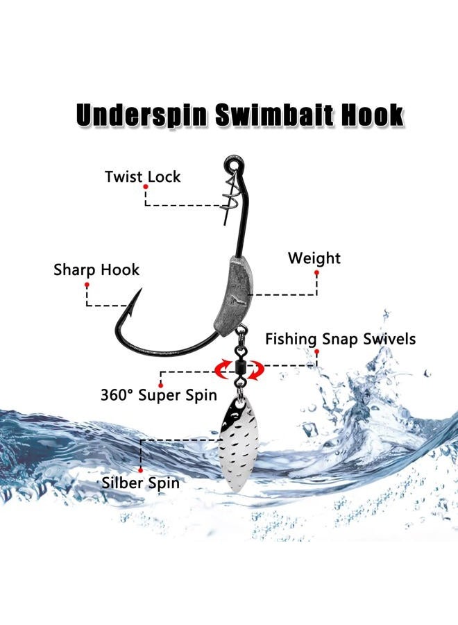 CWSDXM Weighted Swimbait Hooks, 6pcs Underspin Swimbait Hook with Twistlock, Weighted Crank Hooks with Gold/Silver Spinner Blades for Soft Fishing Lures - Image 3