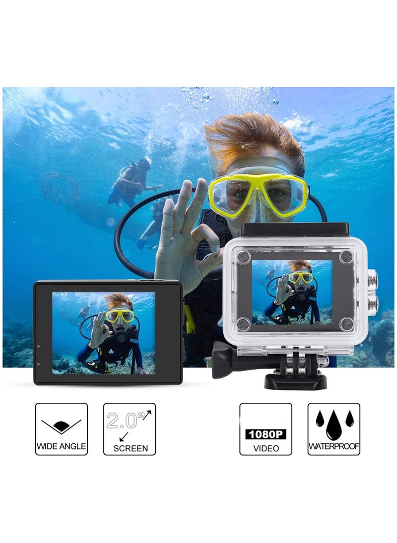 NEX - Action Camera Kit, HD 1080P 2 Inch LCD Screen Universal Sports Camera, 140 ° Wide Angle Lens Multifunctional Waterproof Action Camera with 900mAh Battery, for Outdoor,black - Image 1