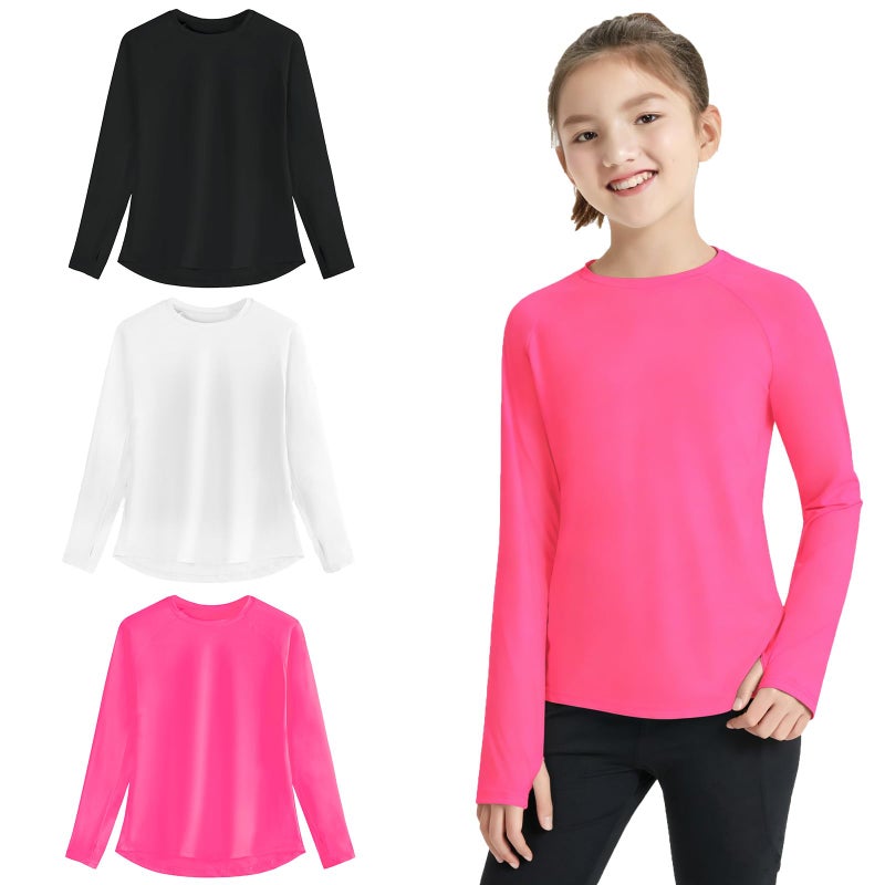 EXARUS 3 Pack Girls Long Sleeve Athletic Shirts Summer Sport Quick Dry Rash Guard Tops UPF 50 Performance Tees with Thumb Holes for Teens Set 3 8Y - Image 2