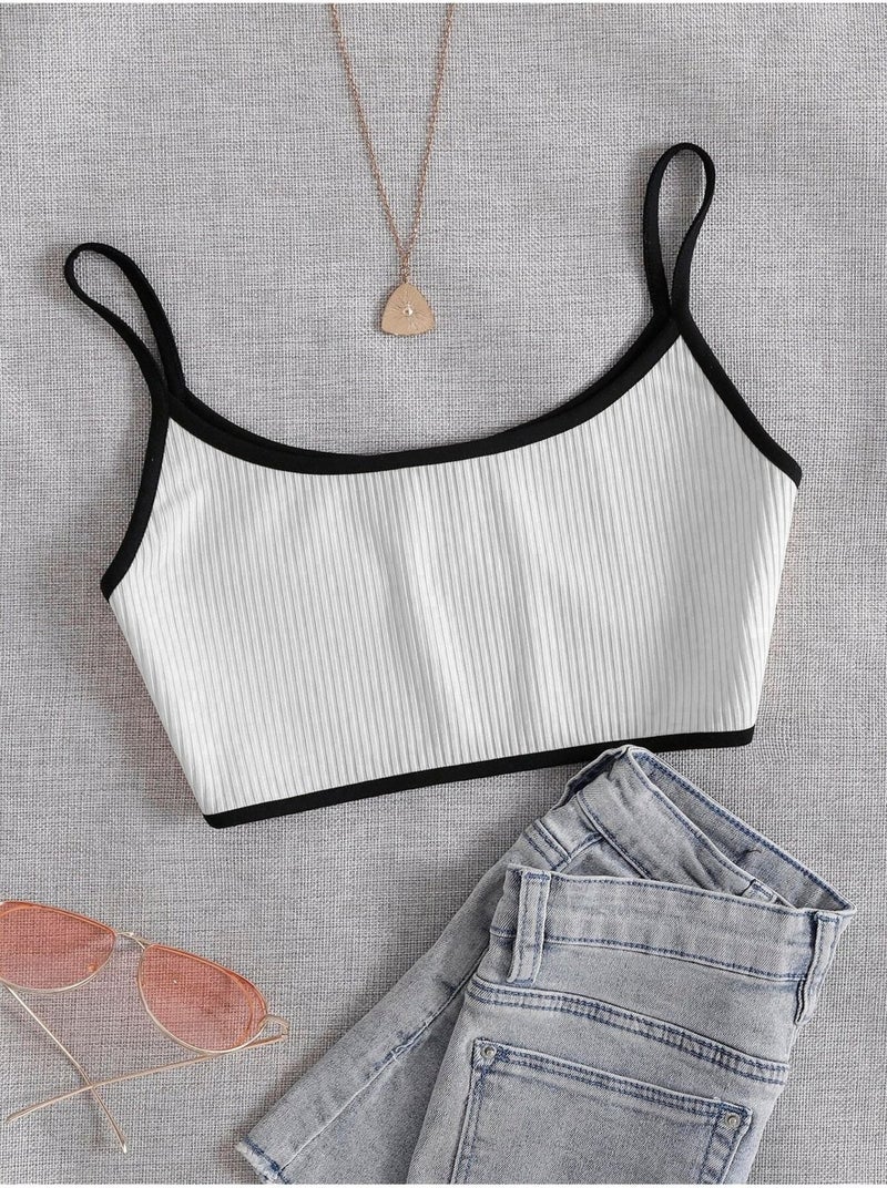 Liona White Color Ribbed Crop Top Bustier with Crew Neck Straps - Image 1