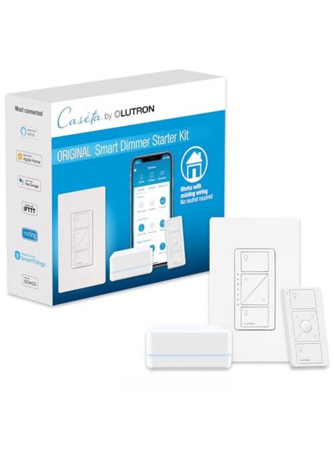 LUTRON Lutron Caseta Original Smart Dimmer Switch Starter Kit, with Pico Remote, Wall Plate, and Smart Hub, Works with Alexa, Apple Home, and Google Home, 3 Way, 150W, No Neutral Req, P-BDG-PKG1W  - Image 1