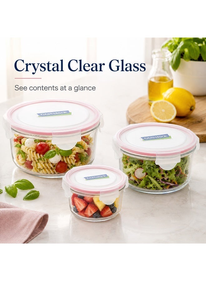 Glasslock 3 Piece Round Glass Food Storage Container Set 405ml 720ml 950ml Airtight Tempered Glass Meal Prep Lunch Boxes - Image 3