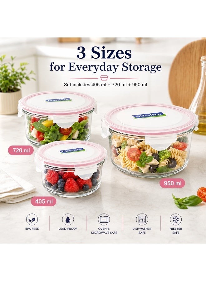 Glasslock 3 Piece Round Glass Food Storage Container Set 405ml 720ml 950ml Airtight Tempered Glass Meal Prep Lunch Boxes - Image 4