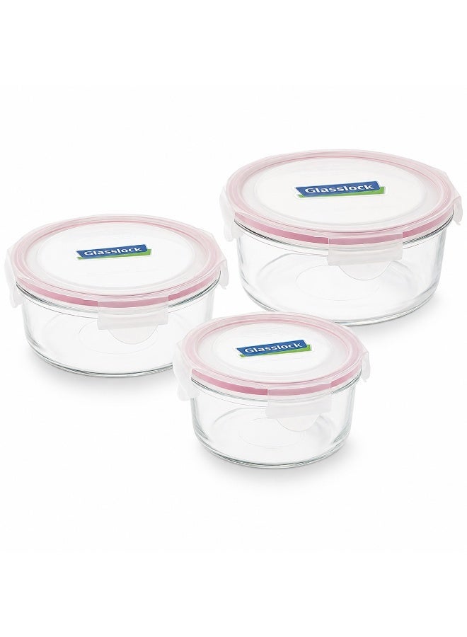 Glasslock 3 Piece Round Glass Food Storage Container Set 405ml 720ml 950ml Airtight Tempered Glass Meal Prep Lunch Boxes - Image 1