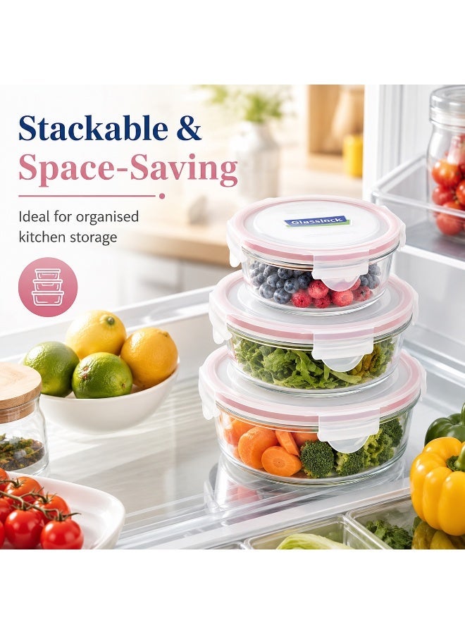 Glasslock 3 Piece Round Glass Food Storage Container Set 405ml 720ml 950ml Airtight Tempered Glass Meal Prep Lunch Boxes - Image 2