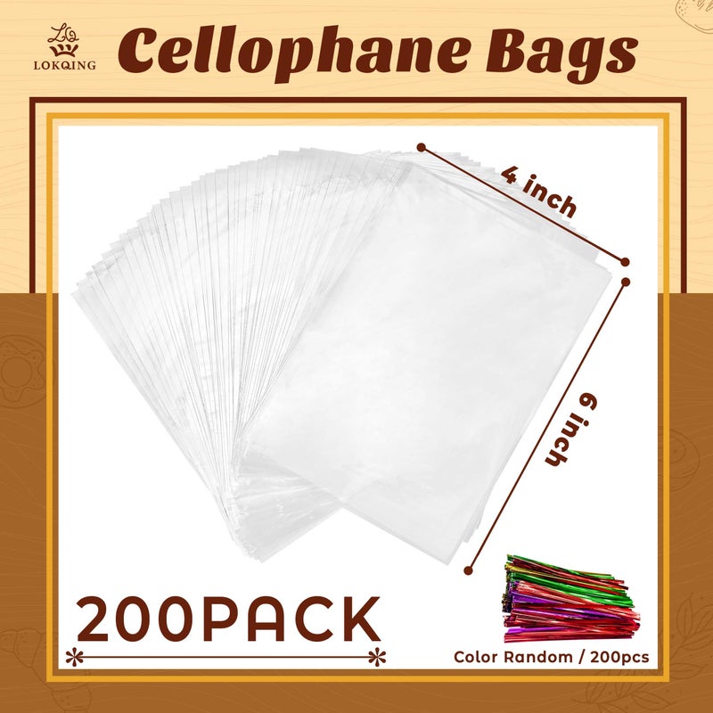 LOKQING LOKIQNG Cellophane Bags Plastic Treat Bag Clear Cookie Candy Bags with Twist Ties for Party Favor Bag(200PACK, 4x6inch) - Image 5
