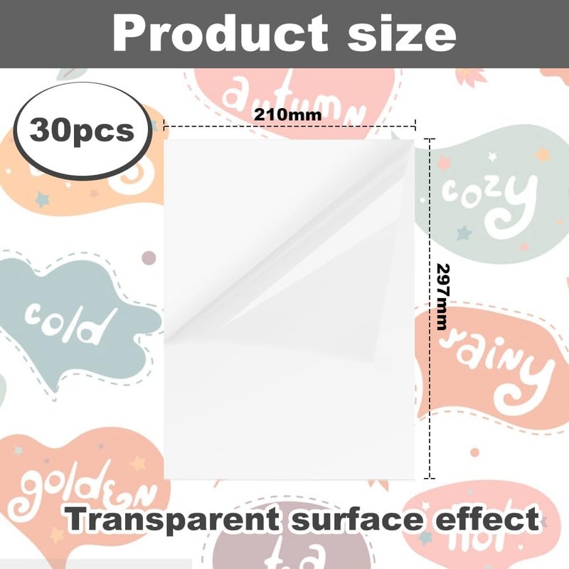 ADERTOS A4 Waterproof Printable Vinyl Sticker Paper, 30 Sheets Clear Self-Adhesive Labels for Inkjet & Laser Printers - Transparent, 297 x 210 mm - Image 2