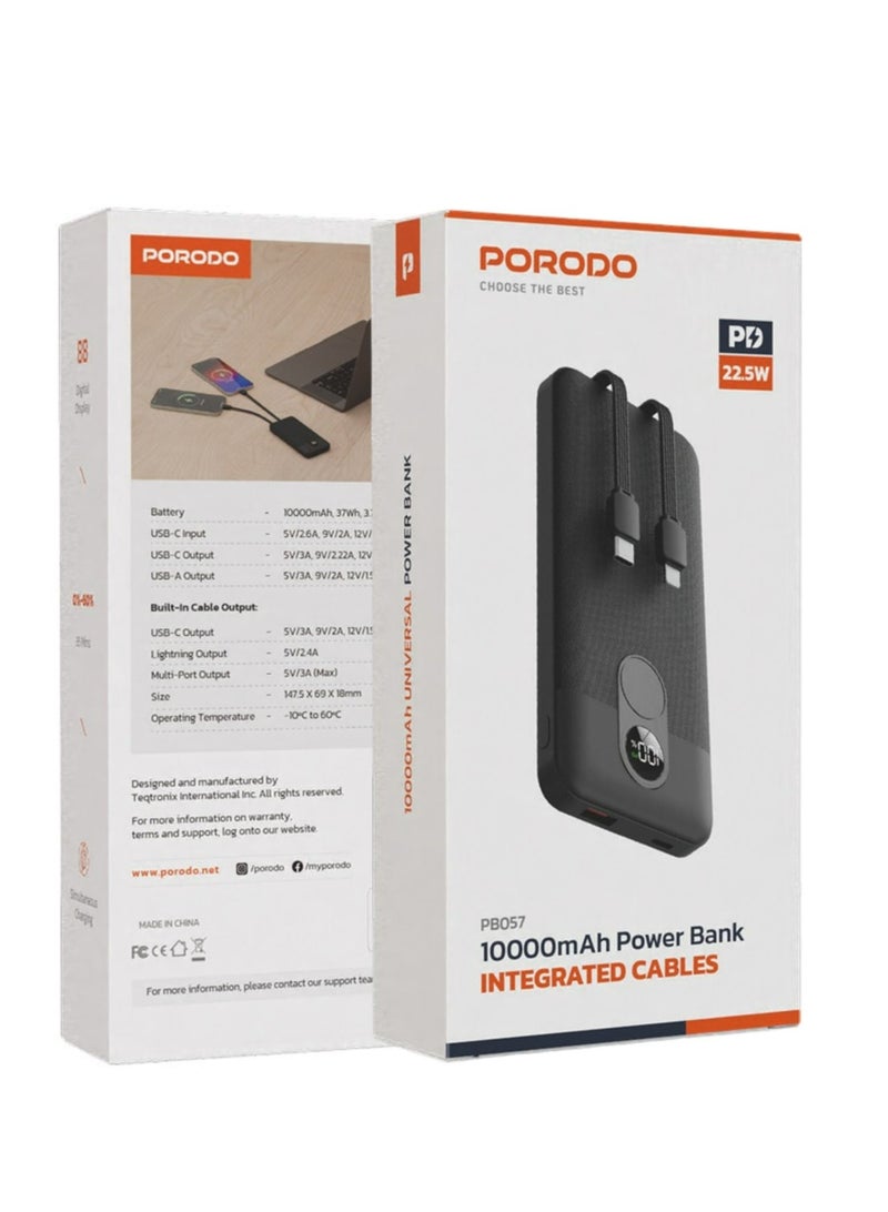 بورودو بنك طاقة 10000 مللي أمبير/ساعة مع كابلات Type-C وLightning مدمجة، وتوصيل طاقة 22.5 واط، وشحن متزامن، وشحن من 0% إلى 60% في 35 دقيقة، وشاشة رقمية - أسود - Image 4