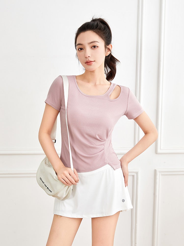 Short-Sleeved Female Niche Design Sense Irregular T-Shirt Chic Hollow Top Ym2520 - Image 3