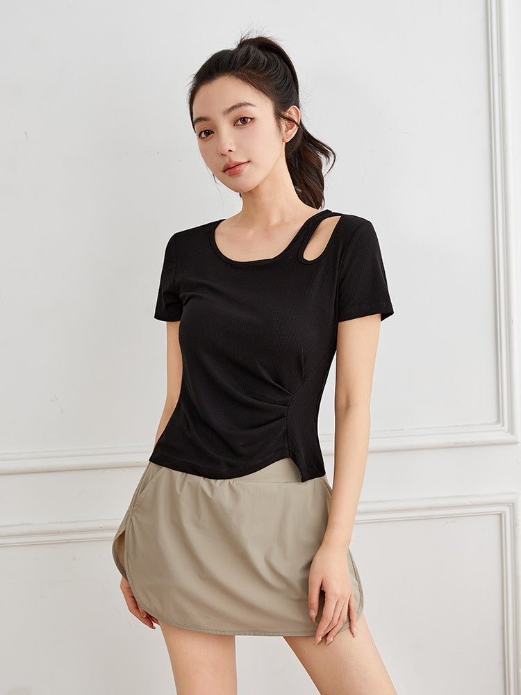 Short-Sleeved Female Niche Design Sense Irregular T-Shirt Chic Hollow Top Ym2520 - Image 2