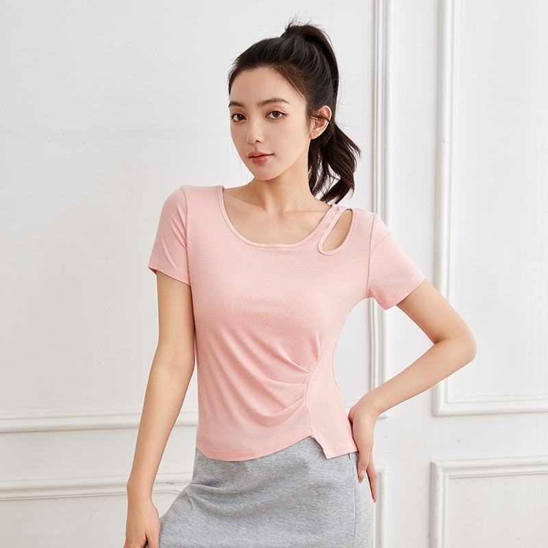 Short-Sleeved Female Niche Design Sense Irregular T-Shirt Chic Hollow Top Ym2520 - Image 1