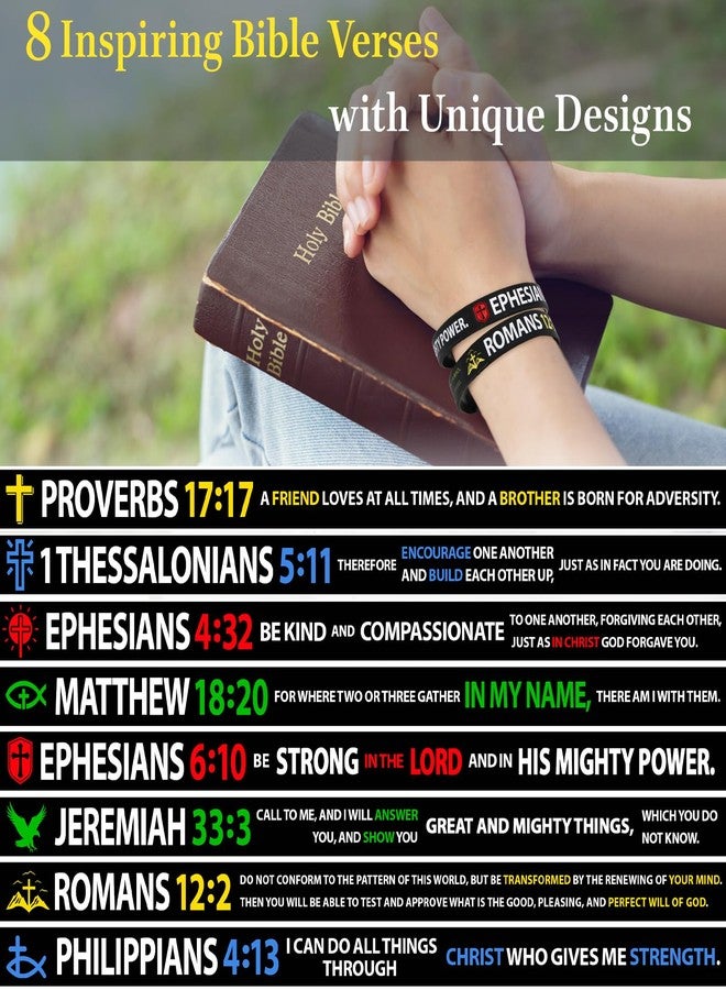 kilofly 8 pcs Christian Scripture Quote Bible Verse Silicone Bracelet Wristband -Faith - Image 2