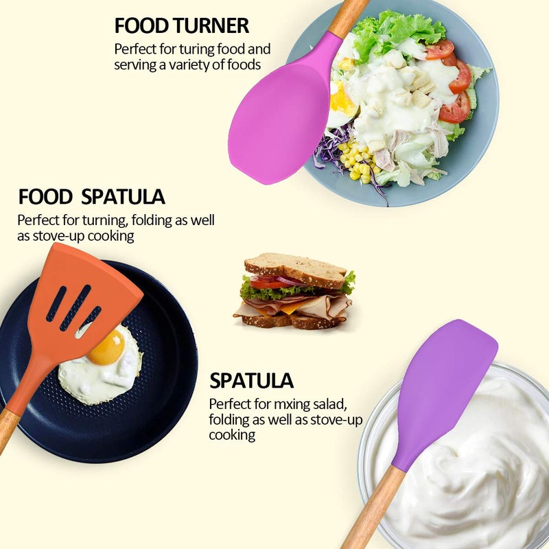 33-Piece Non-Stick Silicone Cooking Utensil Set with Wooden Handles and Holder, Khaki - Image 4