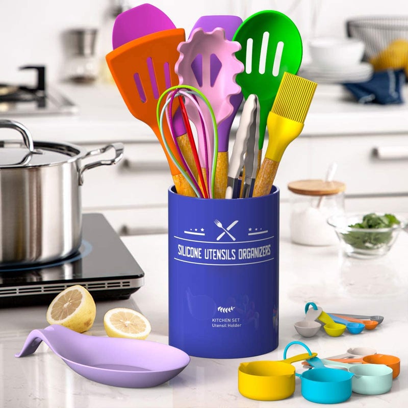 33-Piece Non-Stick Silicone Cooking Utensil Set with Wooden Handles and Holder, Khaki - Image 5