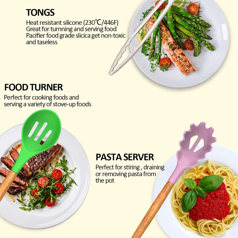 33-Piece Non-Stick Silicone Cooking Utensil Set with Wooden Handles and Holder, Khaki - Image 3