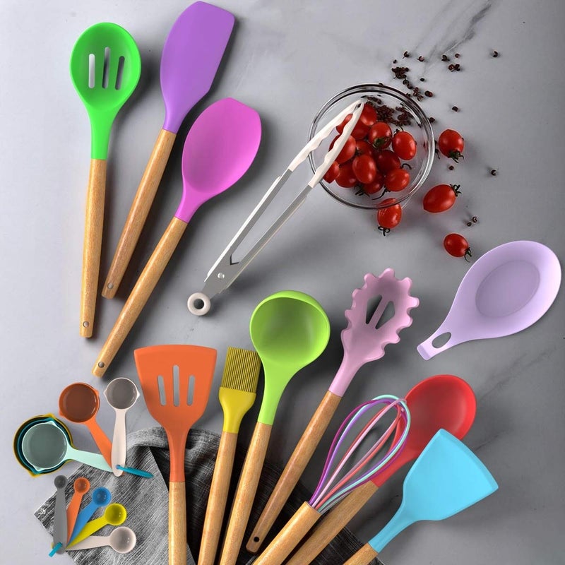 33-Piece Non-Stick Silicone Cooking Utensil Set with Wooden Handles and Holder, Khaki - Image 2