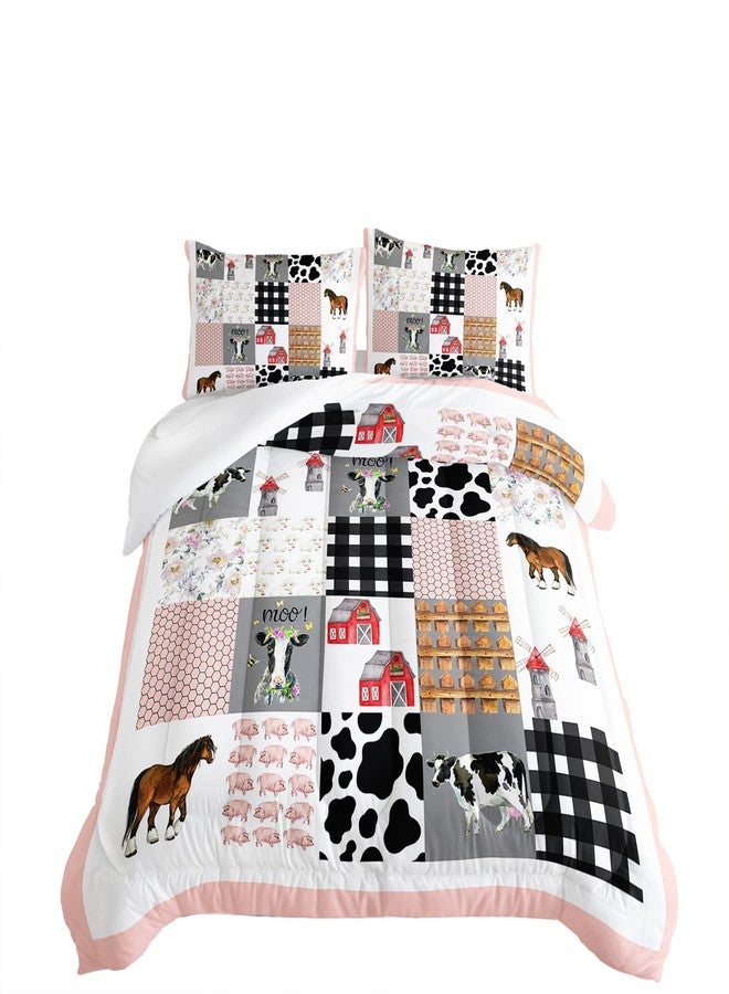 HOSIMA Cow Bedding Set,Farmhouse Comforter Western Country Style Room Decor Aesthetic,Cute Cartoon Farm Animal Pig Cow Horse Twin Bedding Sets for Girls Boys,Pink White Grid Comforter. - Image 1