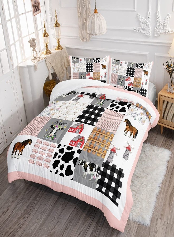 HOSIMA Cow Bedding Set,Farmhouse Comforter Western Country Style Room Decor Aesthetic,Cute Cartoon Farm Animal Pig Cow Horse Twin Bedding Sets for Girls Boys,Pink White Grid Comforter. - Image 3