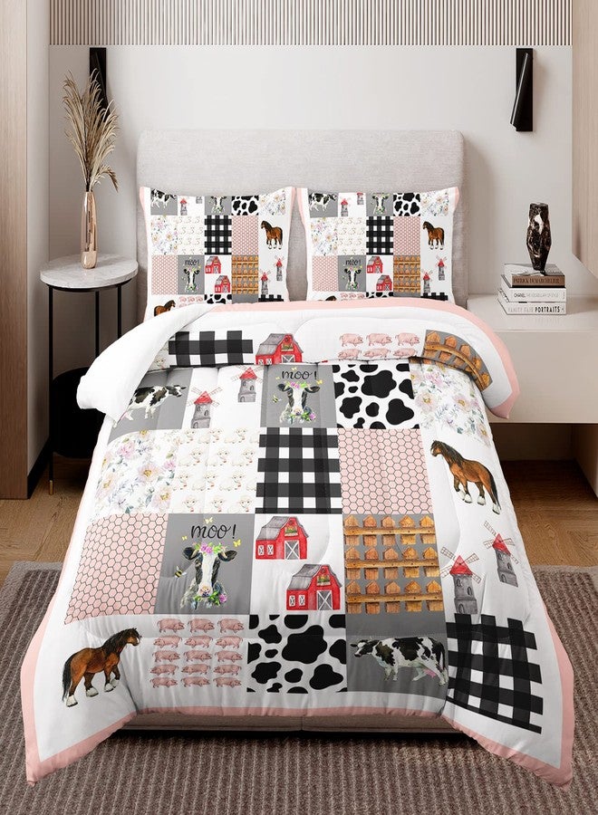 HOSIMA Cow Bedding Set,Farmhouse Comforter Western Country Style Room Decor Aesthetic,Cute Cartoon Farm Animal Pig Cow Horse Twin Bedding Sets for Girls Boys,Pink White Grid Comforter. - Image 2
