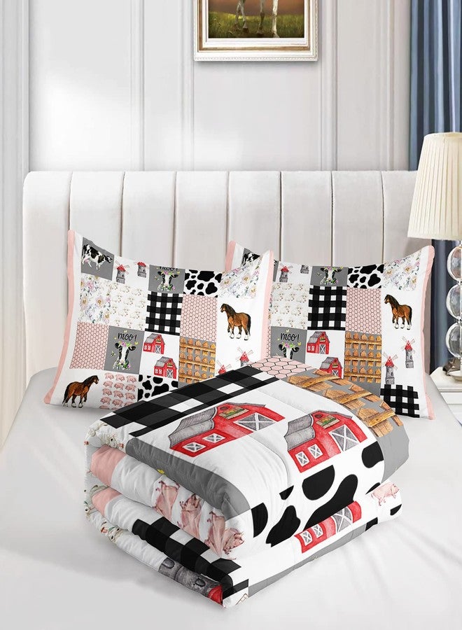 HOSIMA Cow Bedding Set,Farmhouse Comforter Western Country Style Room Decor Aesthetic,Cute Cartoon Farm Animal Pig Cow Horse Twin Bedding Sets for Girls Boys,Pink White Grid Comforter. - Image 5