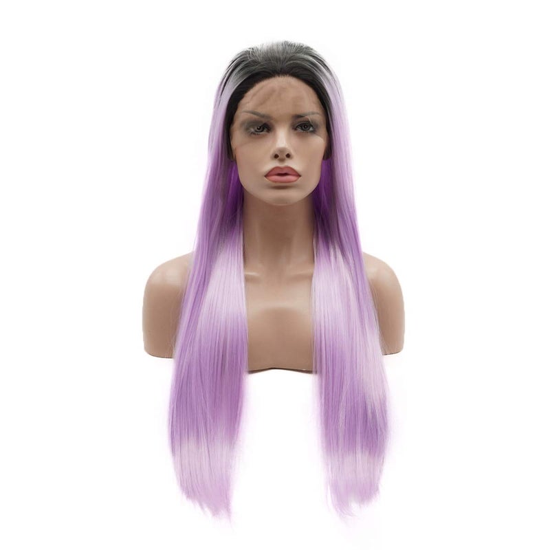 Lushy Hair Synthetic Lace Front Wig Straight Long 24inch Dark Root Light Purple Ombre Wig Heat Resistant Heavy Density Realistic Wig