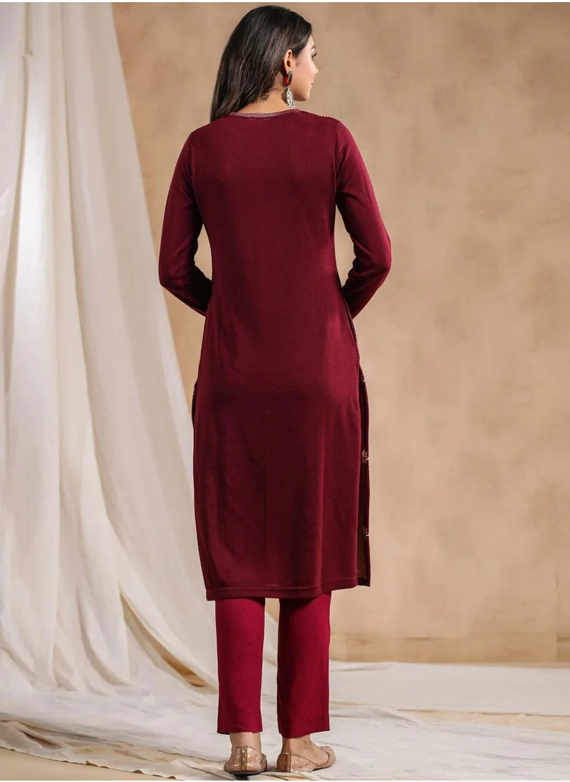 آي شين Women's Ethnic WINE STRAIGHT POLY KURTA
