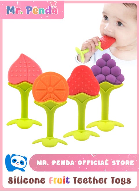 4 Pack baby Teething Toys Safe Smoothened Edges Food Grade Soft Silicone Fruit Teethers for Babies Fridge Safe 100% Bpa Free Teether Set for Boys Girls