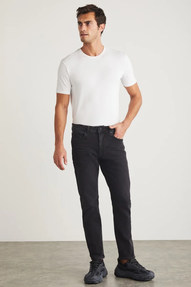 GRIMELANGE Antonia Men's Denim Tappared Fit Thick Textured Flexible Anthracite Jeans
