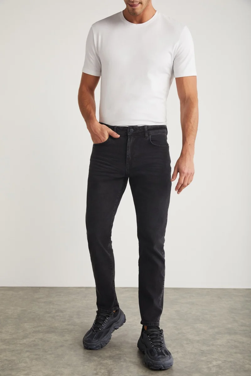 GRIMELANGE Antonia Men's Denim Tappared Fit Thick Textured Flexible Anthracite Jeans