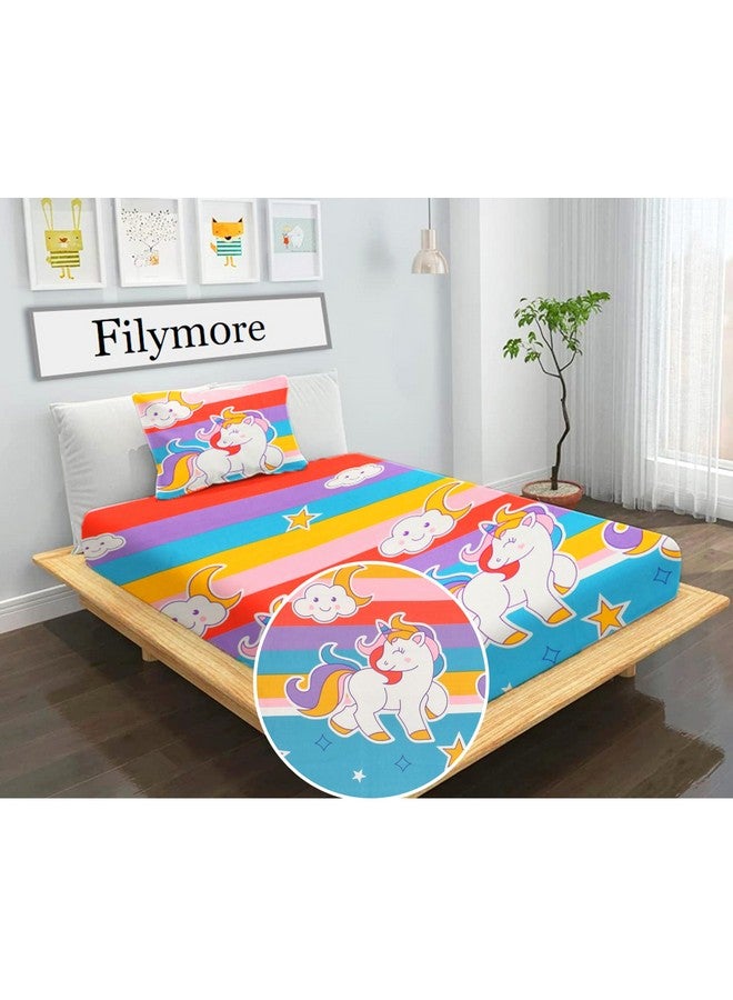 Filymore Unicorn Single Bedsheet for Kids 240 TC Cute Cartoon Design for Girls Room Single Bedspread Made with Pure Microfiber (Size 60 X 90 Inches) 1 Bedsheet with Pillow Cover (Color-Multicolour) - Image 1