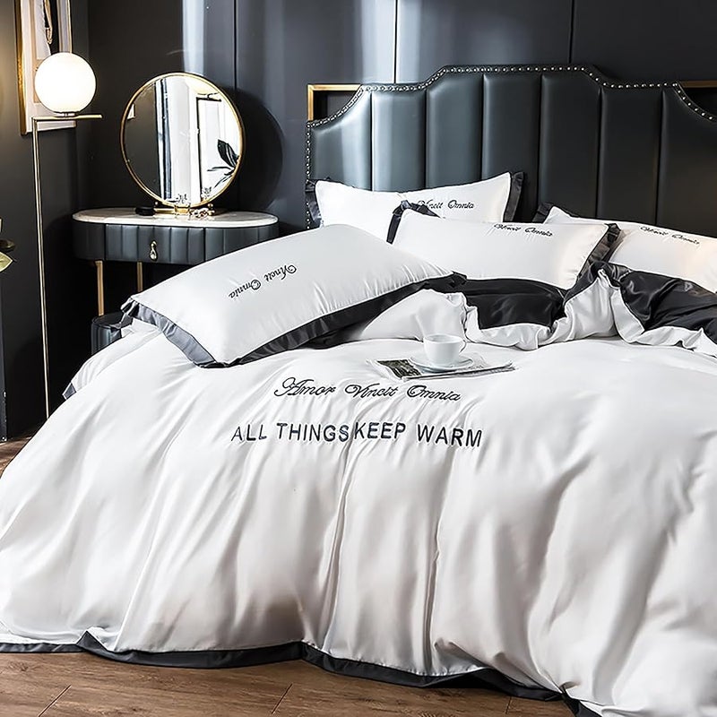LEXIN 4 Piece Queen Size Soft Washed Silk Duvet Cover Set with Zipper Closure and Corner Ties Cooling Luxury Bedding Soft Embroidered Design White 200x230 cm - Image 3