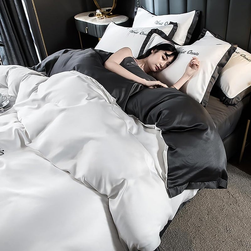 LEXIN 4 Piece Queen Size Soft Washed Silk Duvet Cover Set with Zipper Closure and Corner Ties Cooling Luxury Bedding Soft Embroidered Design White 200x230 cm - Image 4